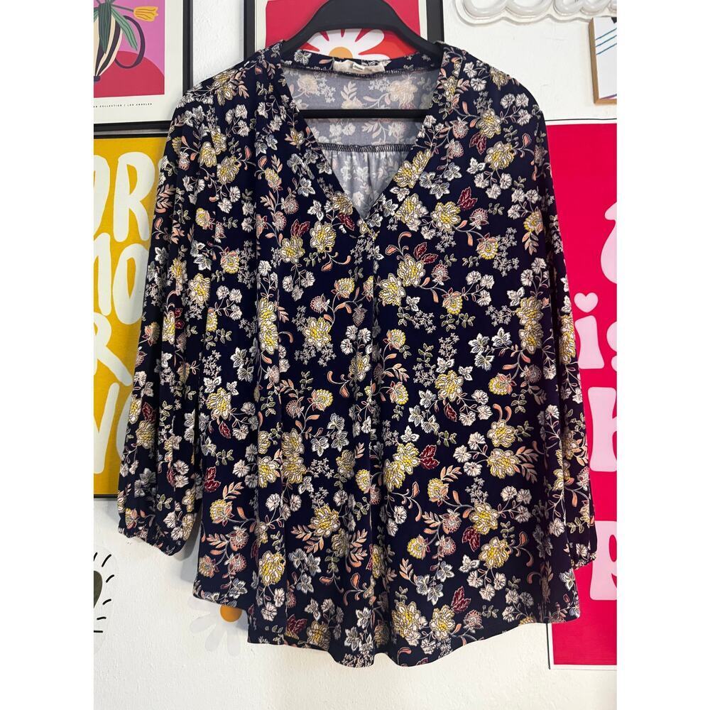 Vince Camuto Floral Blouse Size S – Navy Multicolor, Long Sleeve, Flowy Boho Top